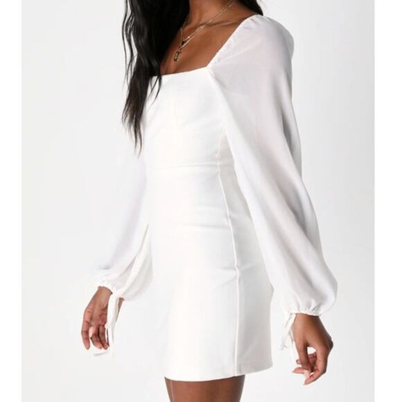 Lulus NWT Delightful Love White Lace-Up Balloon Semi-Sheer Sleeve Mini Dress - Picture 4 of 10